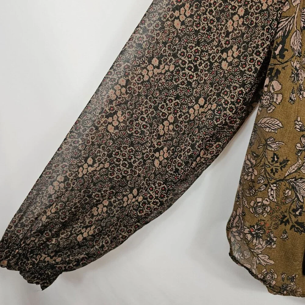 Free People‎ XS Brown Neutral Tone Floral Boho Prairie Cottage Fall Harvest Top